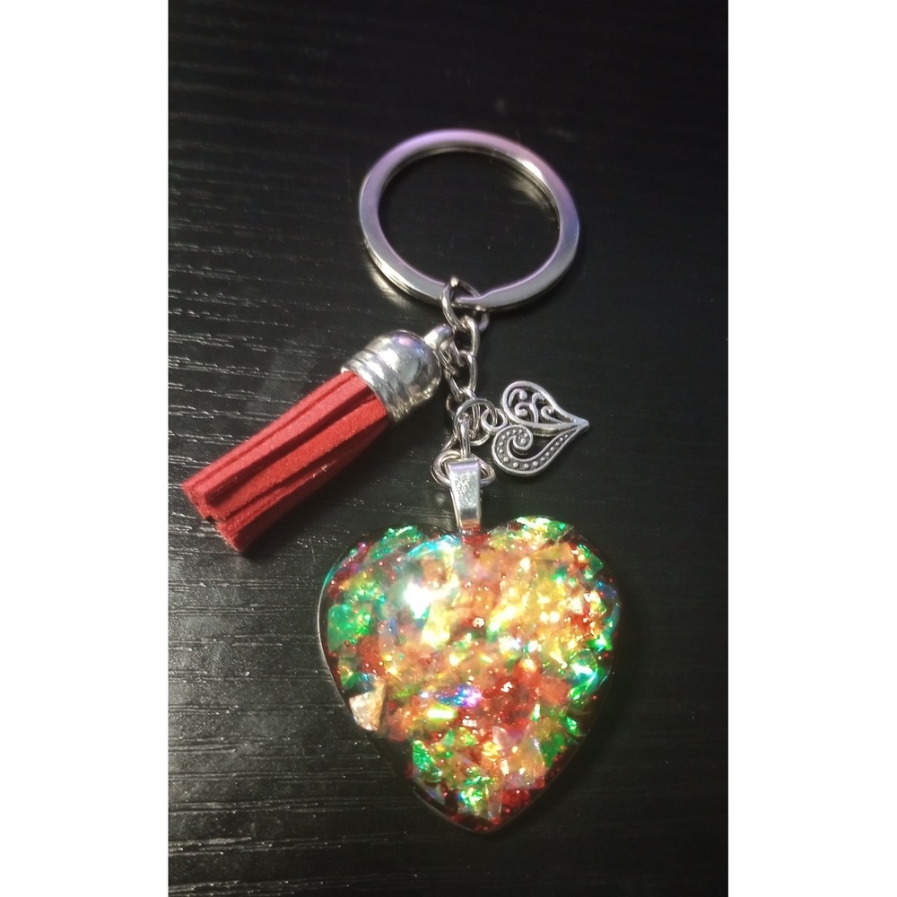 Dichroic Film‎ Heart Red Tassel Keychain with Silver Heart Charm